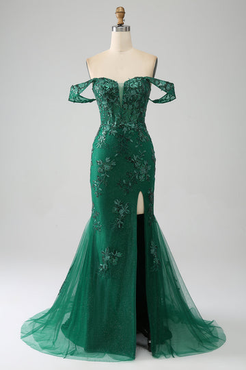 Sirena Off The Shoulder Abito da ballo verde scuro con applicazioni